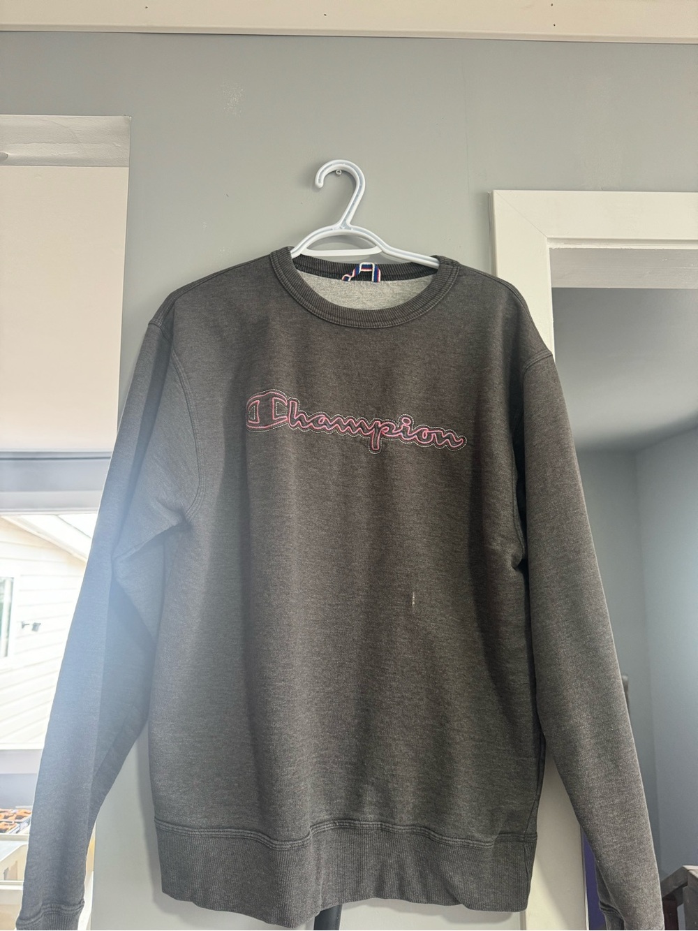 Champion Men's Dark Gray Crewneck Sweatshirt with Pink Script Logo
